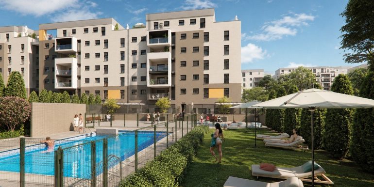Zonas verdes y piscina de Residencial Zoe
